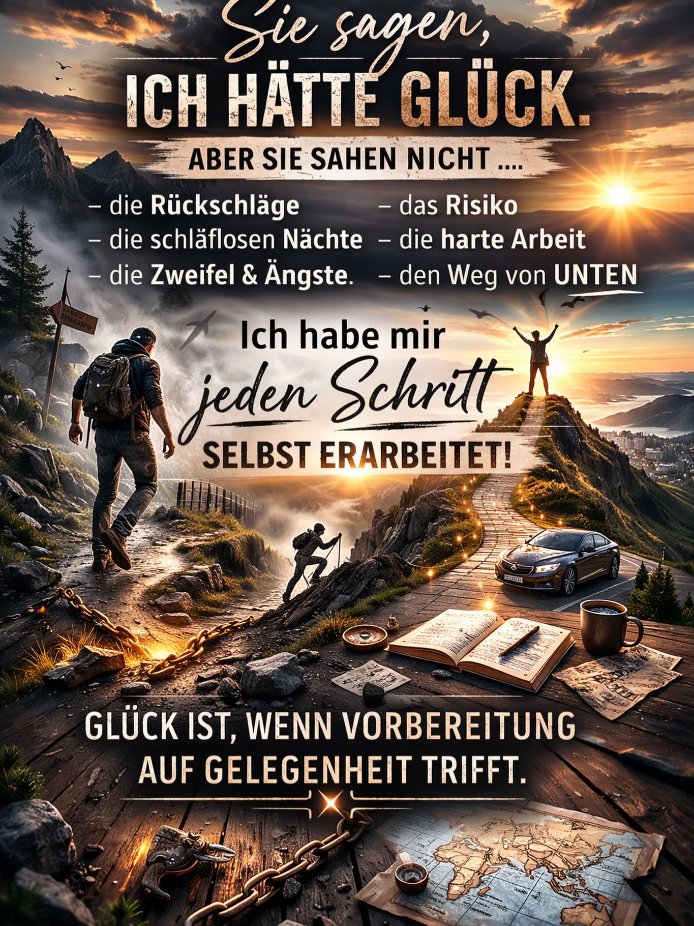 Viele sehen heute nur das Ergebnis.
Die Reisen. Die Freiheit. Die Momente.
Und dann heißt es: „Du hast einfach Glück.“
Was kaum jemand sieht:
Die Jahre davor.
Die Zweifel.
Die Rückschläge.
Die Nächte ohne Plan B.
Die Entscheidungen, die wehgetan haben.
Das Risiko, das niemand gehen wollte.
Glück ist oft nur das Wort für harte Arbeit, die keiner mitbekommen hat.
Für Disziplin, wenn andere feiern.
Für Fokus, wenn andere aufgeben.
Ich komme nicht von oben.
Ich komme von unten – und ich habe mir jeden Schritt selbst erarbeitet.
Der Weg war nicht leicht.
Aber genau das macht ihn wertvoll.
#Mindset
#Erfolg
#Disziplin
#Selbstgemacht
#KeineAusreden
