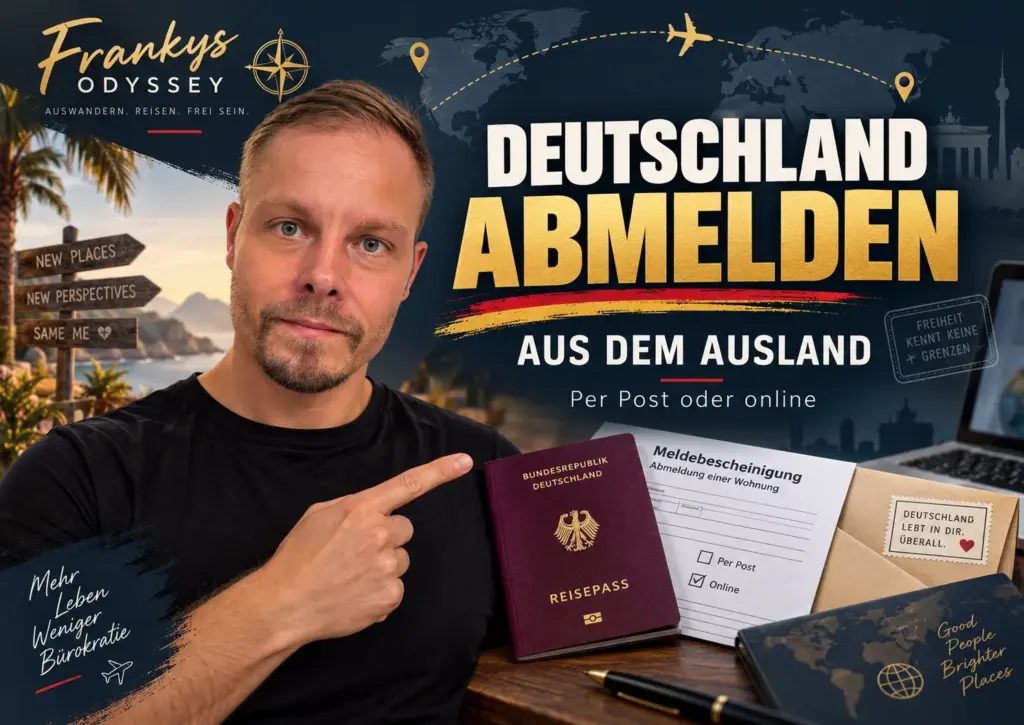 Franky im schwarzen T-Shirt erklärt die Wohnsitzabmeldung aus Deutschland per Post oder online