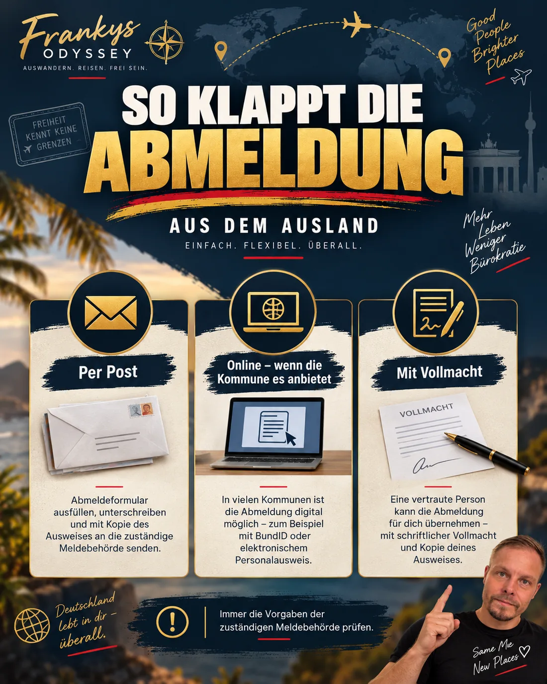 Franky erklärt die Wohnsitzabmeldung aus dem Ausland: per Post, Online-Dienst oder mit Vollmacht