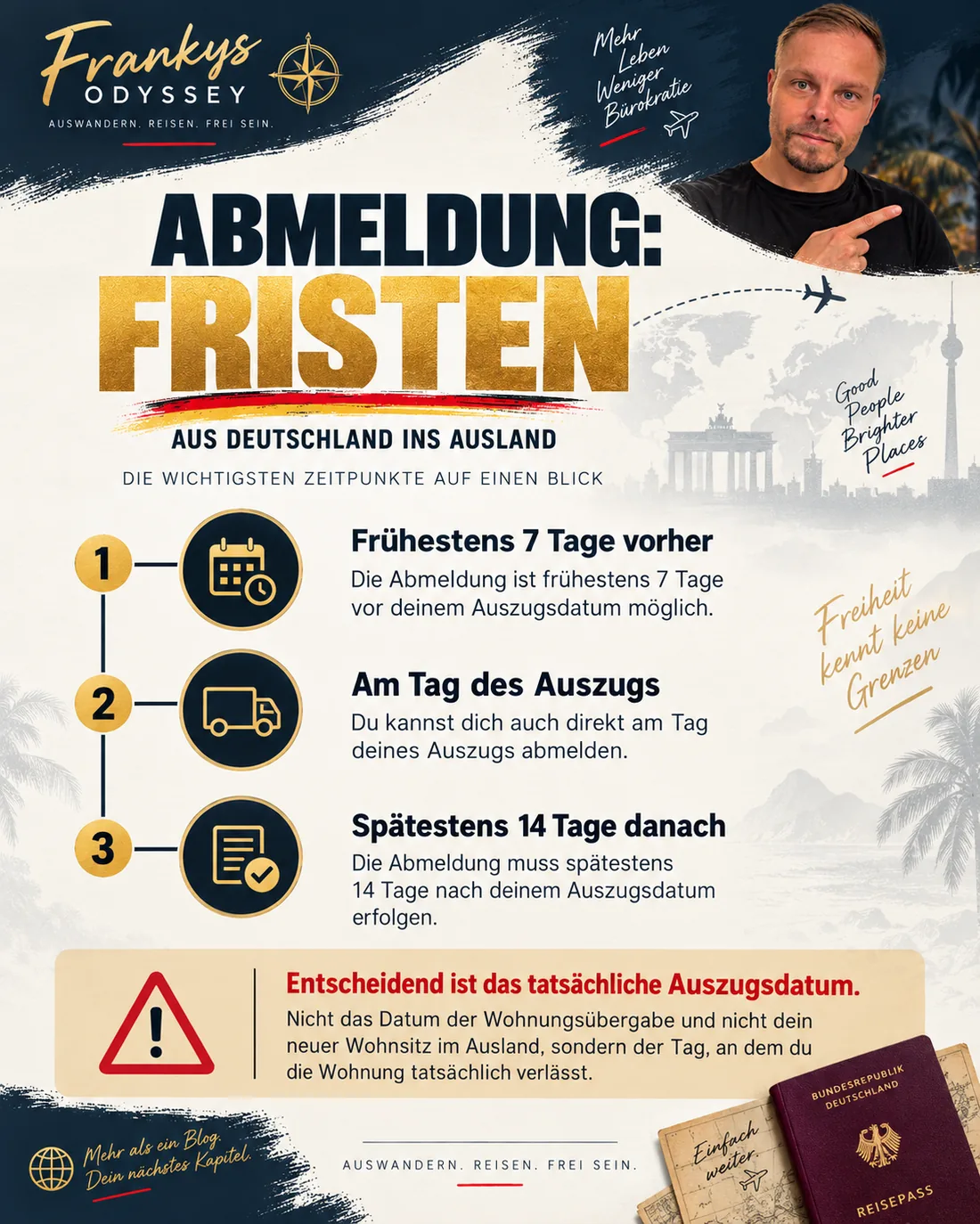 Fristen für die Abmeldung aus Deutschland: frühestens sieben Tage vorher bis spätestens vierzehn Tage nach dem Auszug