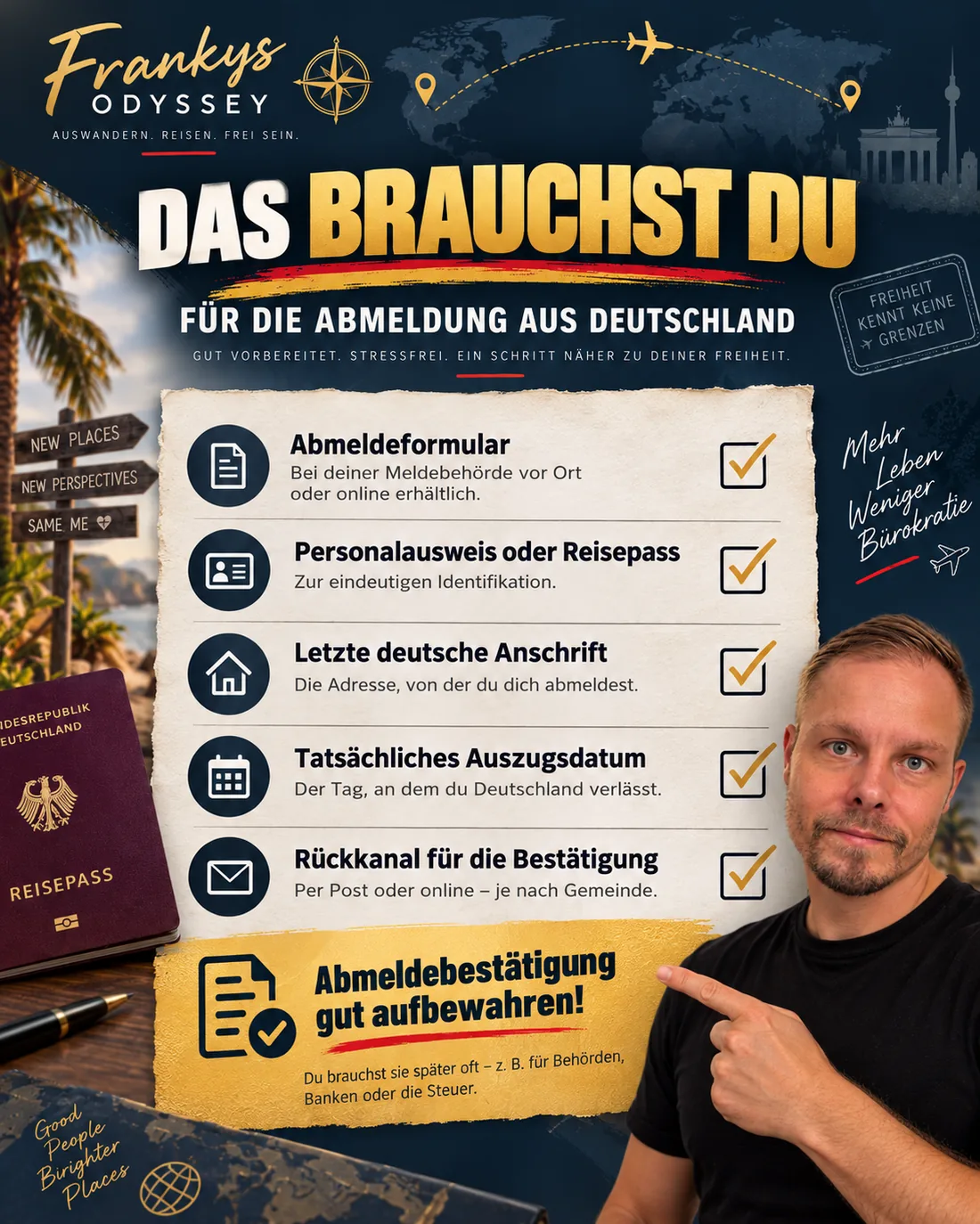 Infografik mit Franky zur Abmeldung: Abmeldeformular, Ausweis, letzte Adresse und Auszugsdatum