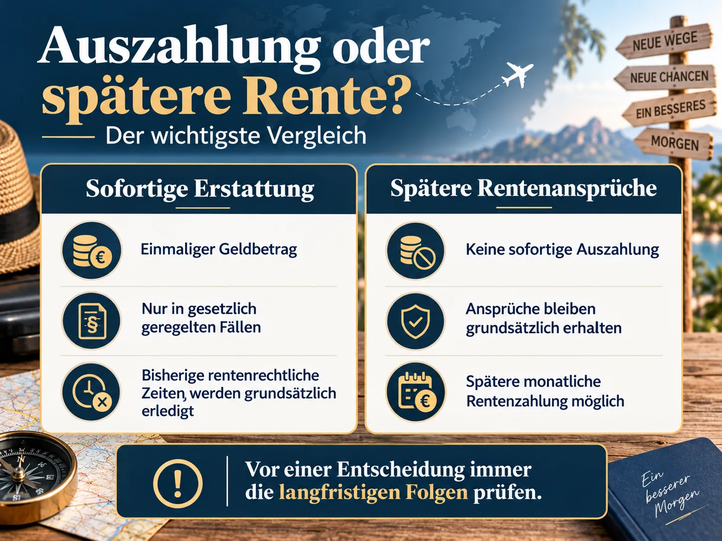 Infografik: Einmalige Auszahlung oder spätere deutsche Rentenansprüche im Vergleich