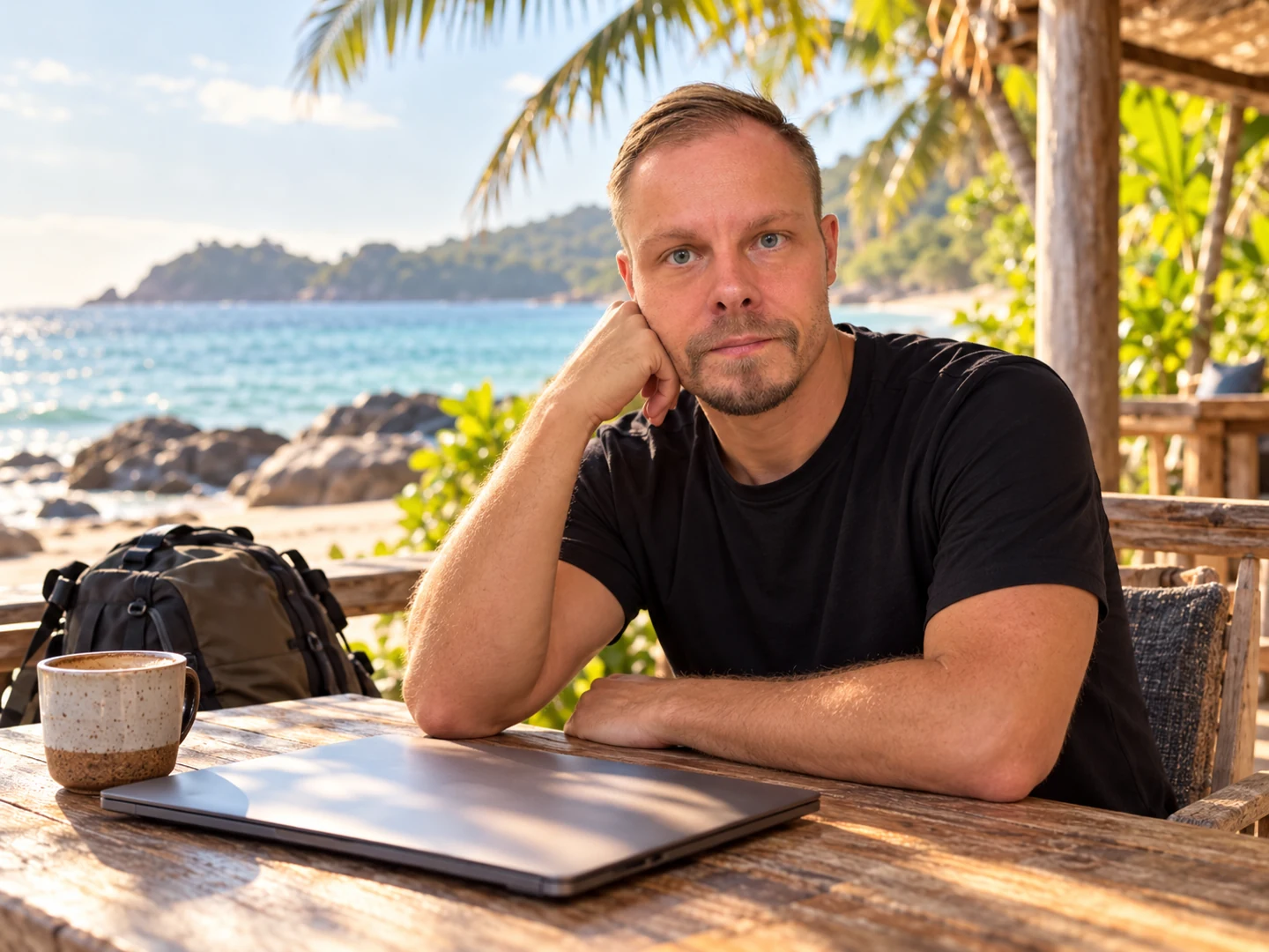 Franky im schwarzen T-Shirt am Tisch mit Laptop und Rucksack vor einer tropischen Küste.