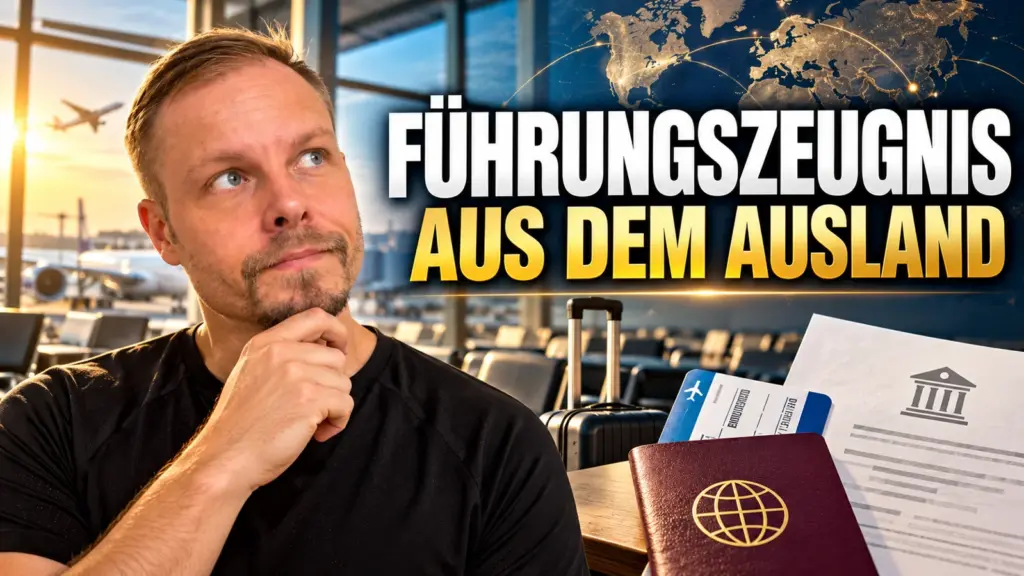 Franky im schwarzen T-Shirt mit Reisedokumenten – Führungszeugnis aus dem Ausland beantragen