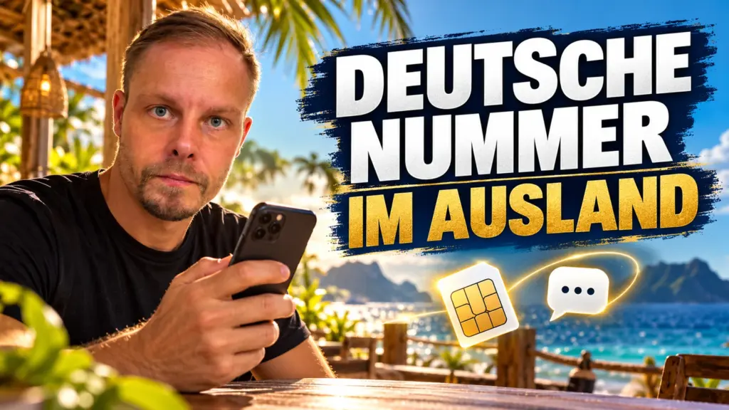 Franky im schwarzen T-Shirt mit Smartphone – deutsche Handynummer im Ausland behalten