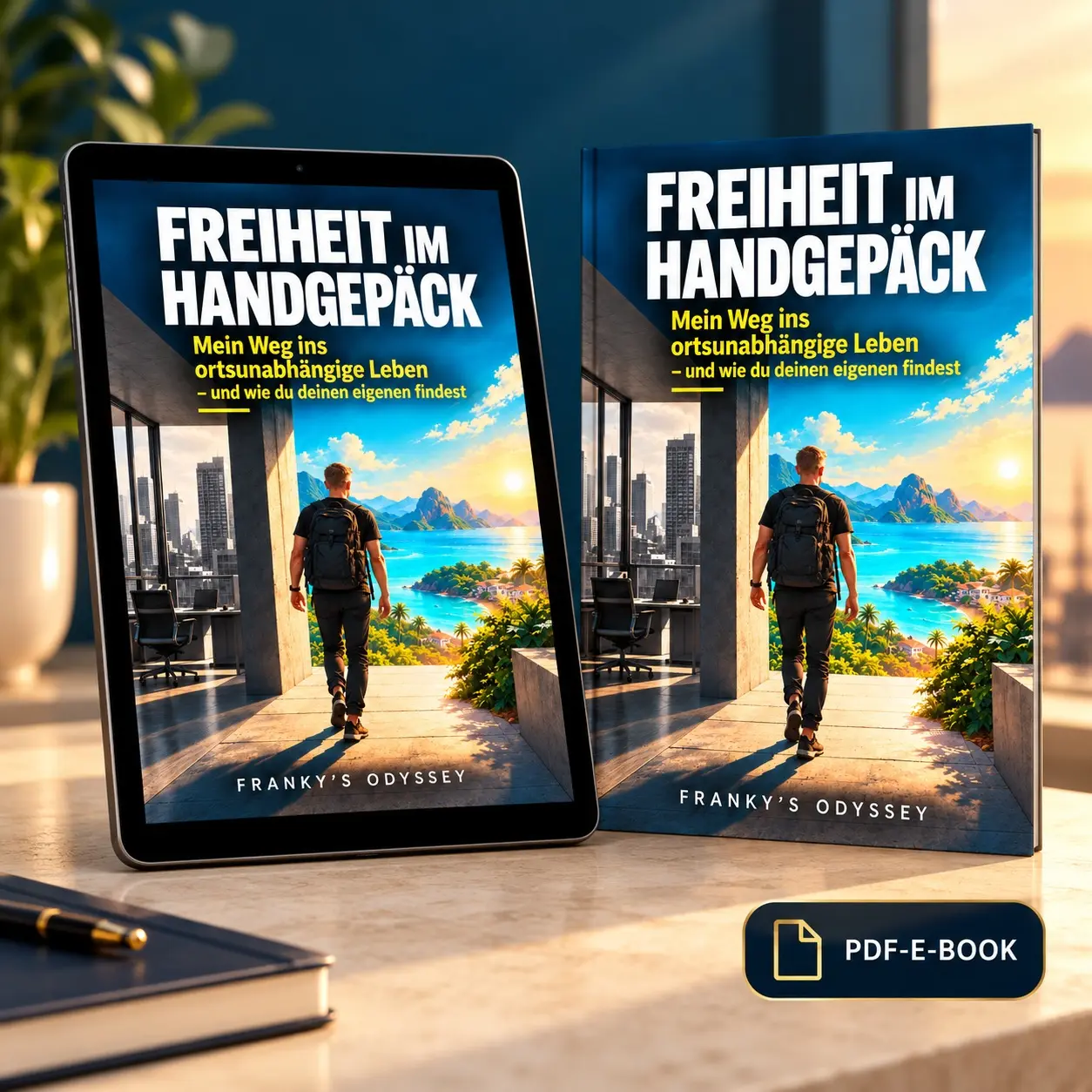 Digitales PDF-E-Book Freiheit im Handgepäck als Produktvisualisierung auf einem Tablet