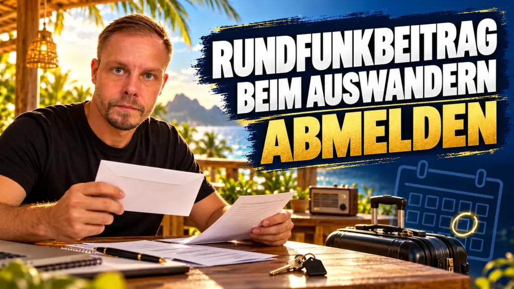 Franky im schwarzen T-Shirt mit Abmeldeunterlagen, Briefumschlag und Reisekoffer zum Rundfunkbeitrag beim Auswandern.